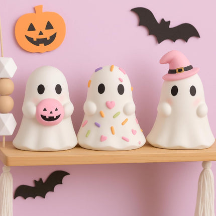 3-Piece Pink Halloween Ghost Figurines, Resin Pastel Tabletop & Mantel Decorations