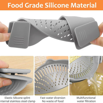 Clip On Silicone Strainer for Pots Pans Collapsible Colander Grey Kitchen