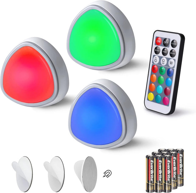 LED Tap Puck Lights – 12 RGB Colors, Remote, Wireless, 3-Pack, Battery Powered