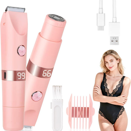 2-in-1 Electric Shaver & Bikini Trimmer, IPX7 Waterproof, LED Display, Rechargeable Pink