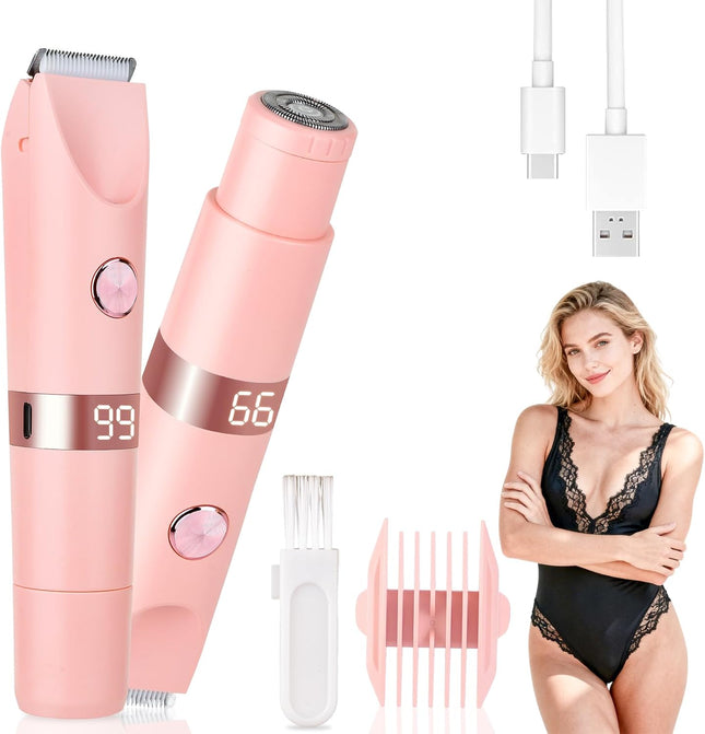 2-in-1 Electric Shaver & Bikini Trimmer, IPX7 Waterproof, LED Display, Rechargeable Pink