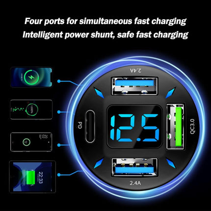 4 Port USB Car Charger with Voltmeter, PD & QC Fast Charging Adapter
