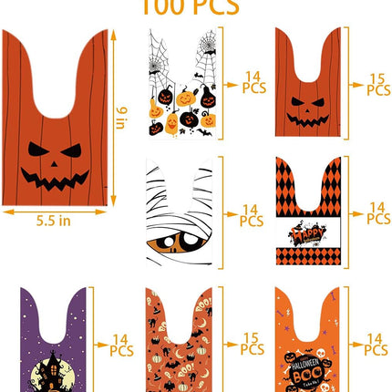 100-Piece Halloween Treat Bags, 7 Designs Plastic Candy Goodie Bags for Kids