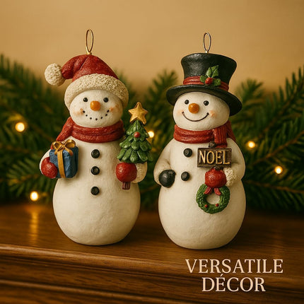 Christmas Snowman Ornament Set, 2 Hand-Painted Resin Figurines with Hanging Cord