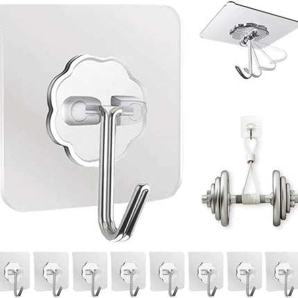 10-Pack Heavy Duty Adhesive Wall Hooks – Hold Up to 50 lbs, Clear, Waterproof