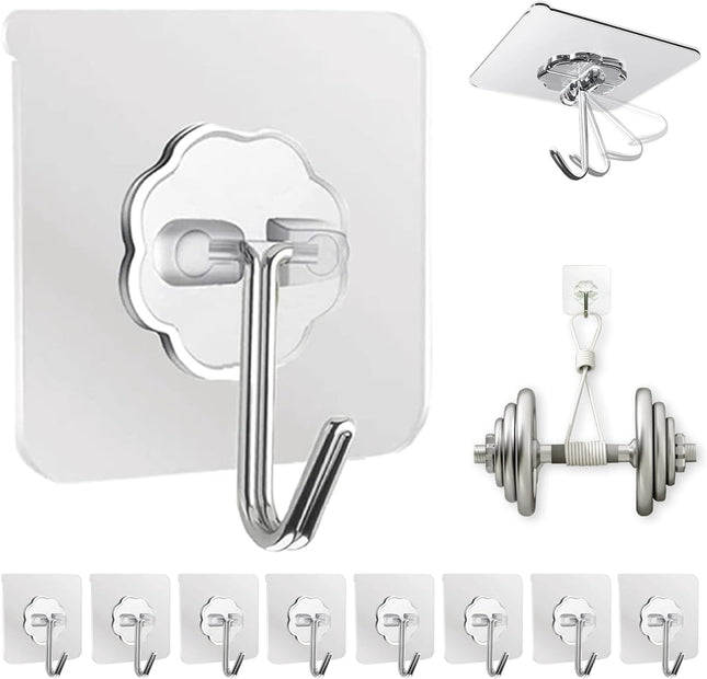 10-Pack Heavy Duty Adhesive Wall Hooks – Hold Up to 50 lbs, Clear, Waterproof