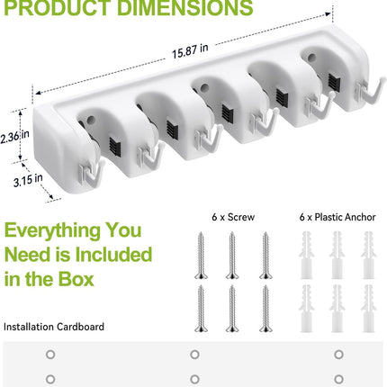 Broom Holder Wall Mount – 5-Position, 6-Hook Mop & Broom Organizer, White