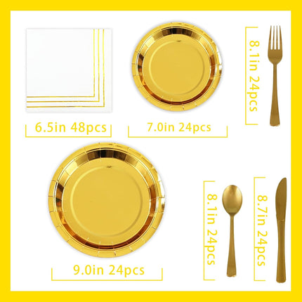 Gold Party Supplies 168pc – Disposable Plates, Cutlery & Napkins for 24