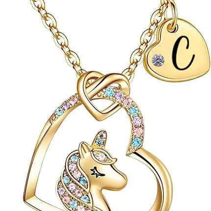 Unicorn Heart Necklace for Kids with Initial Pendant 18K Gold Plated
