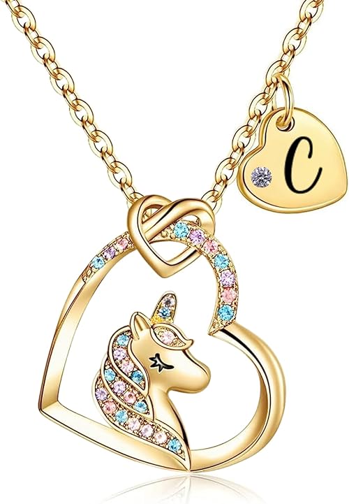 Unicorn Heart Necklace for Kids with Initial Pendant 18K Gold Plated