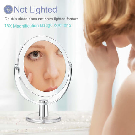 6.25" Vanity Makeup Mirror, Double-Sided 1X/15X Magnifying, 360° Swivel Stand Mirror