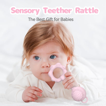 2-in-1 Baby Teether Rattle Toy, Food Grade Silicone Rattle 0-12 Months