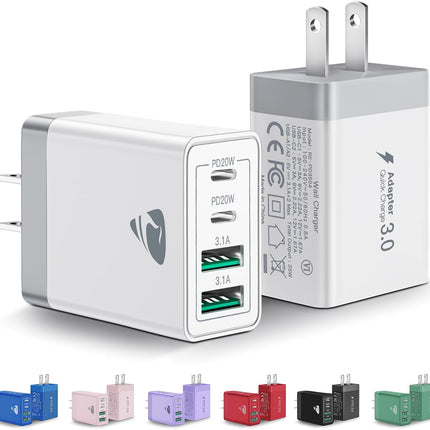 2-Pack] 40W USB C Wall Charger – Multiport PD & QC Power Adapter for iPhone & Samsung