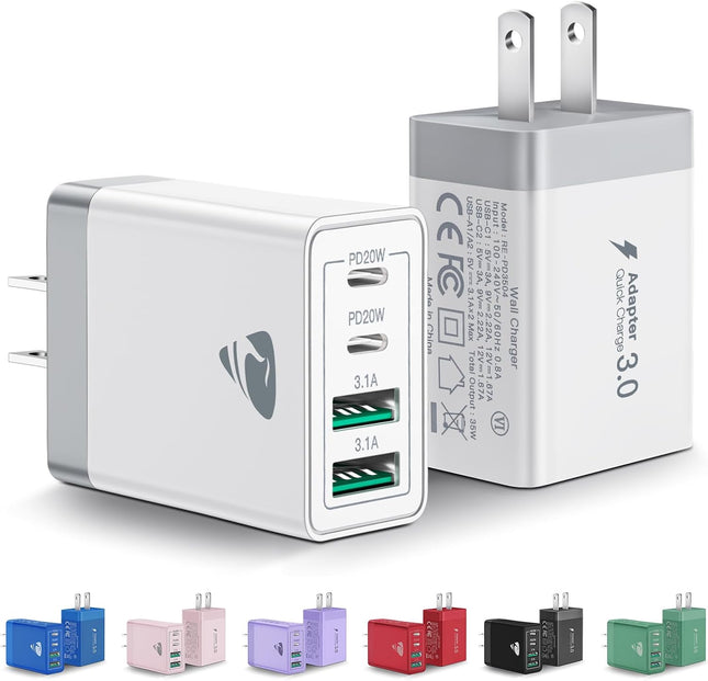 2-Pack] 40W USB C Wall Charger – Multiport PD & QC Power Adapter for iPhone & Samsung