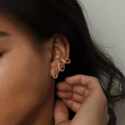 Gold/Silver Chunky Hoop Earrings Set – 14K Plated Twisted Huggie, Hypoallergenic