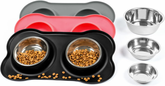 Dog Bowls with Silicone Feeding Mat No Spill Stainless Steel Pet Bowl Set