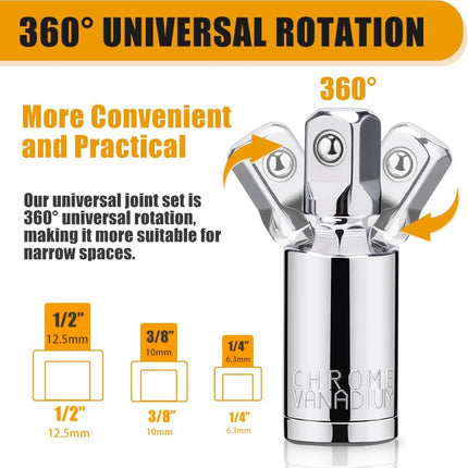 3PCS Universal Socket Set – 1/4", 3/8", 1/2" Drive Swivel Adapters for Tight Spaces