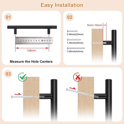 5 Pack Flat Black Cabinet Pulls – 5 Inch Hole Centers, Stainless Steel Handles
