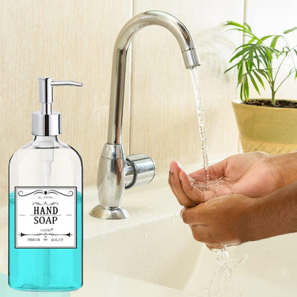 2-Pack Clear Soap Dispenser 16oz, Rustproof Pump, Waterproof Labels, Kitchen Bath