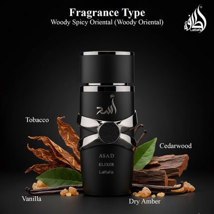 Lattafa Asad Elixir Perfume for Men 100ml Eau de Parfum Spicy Woody Amber Fragrance