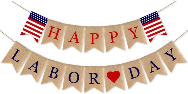 Burlap Happy Labor Day Banner Garland Mantel Fireplace Party Decoration