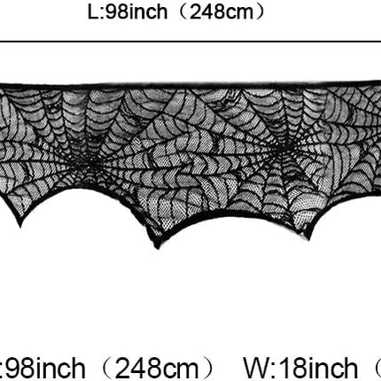 Halloween Black Lace Spiderweb Fireplace Mantel Scarf, 18x96in Party Decor