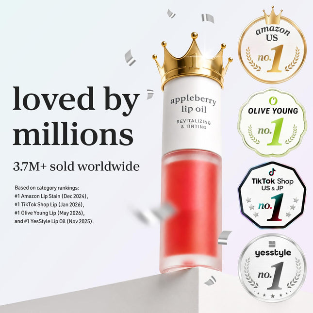Korean Appleginseng Lip Oil, Tinted Plumping Lip Gloss, Hydrating 24HR Glossy Finish