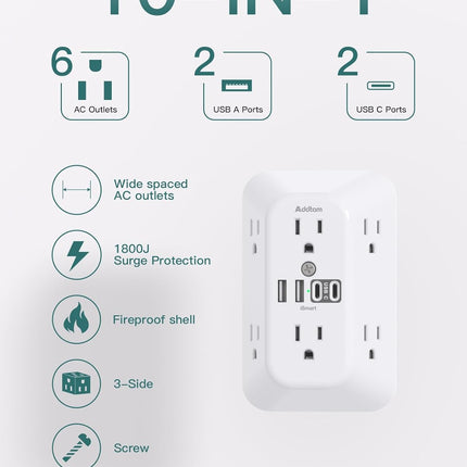 6-Outlet Surge Protector with 4 USB (2 USB-C) – 1800J Wall Charger Power Strip for Home & Office