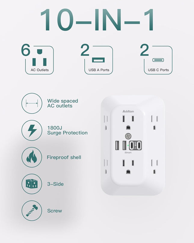 6-Outlet Surge Protector with 4 USB Ports (2 USB-C) – 1800J Power Strip