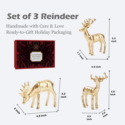 3pcs Decorative Gold Reindeer – Resin Christmas Figurines for Table or Mantle