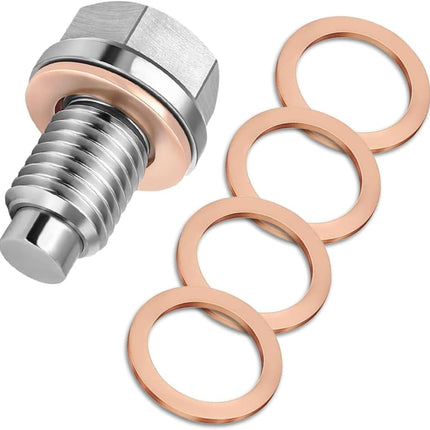 M14x1.5 Magnetic Oil Drain Plug with 5 Copper Washers, Leak-Proof Bolt for Cars