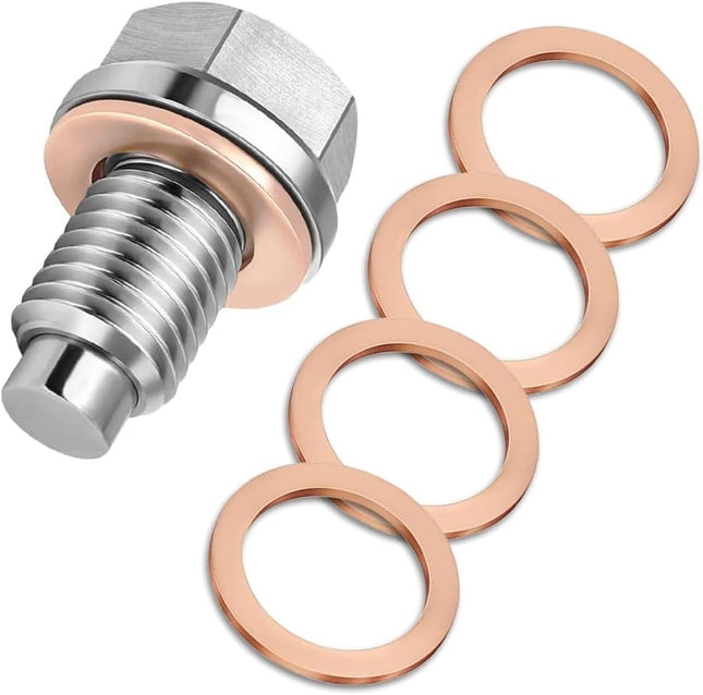 M14x1.5 Magnetic Oil Drain Plug with 5 Copper Washers, Leak-Proof Bolt for Cars
