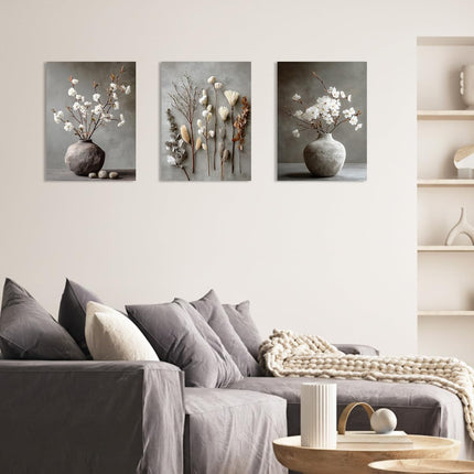 3Pcs Wabi Sabi Botanical Canvas Wall Art Set, Rustic Neutral Farmhouse Decor