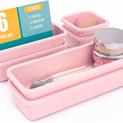 6-Piece Drawer Organizer Set – Interlocking, Non-Slip, Pink for Home & Office