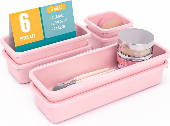 6-Piece Drawer Organizer Set – Interlocking, Non-Slip, Pink for Home & Office