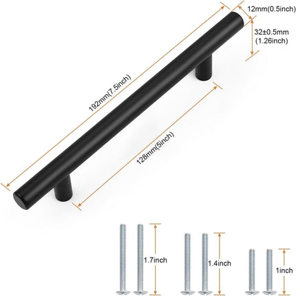 5 Pack Flat Black Cabinet Pulls – 5 Inch Hole Centers, Stainless Steel Handles