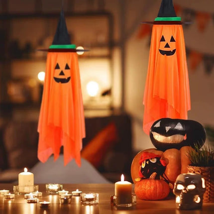 2-Pack Hanging Halloween Pumpkin Decorations, Witch Hat Ornaments for Yard & Garden