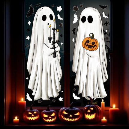 3-Sheet Large Halloween Ghost Window Clings, Bat Cat Pumpkin Glass Decals & Decor