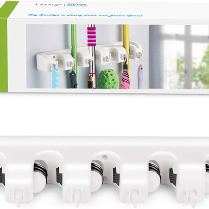 Broom Holder Wall Mount – 5-Position, 6-Hook Mop & Broom Organizer, White