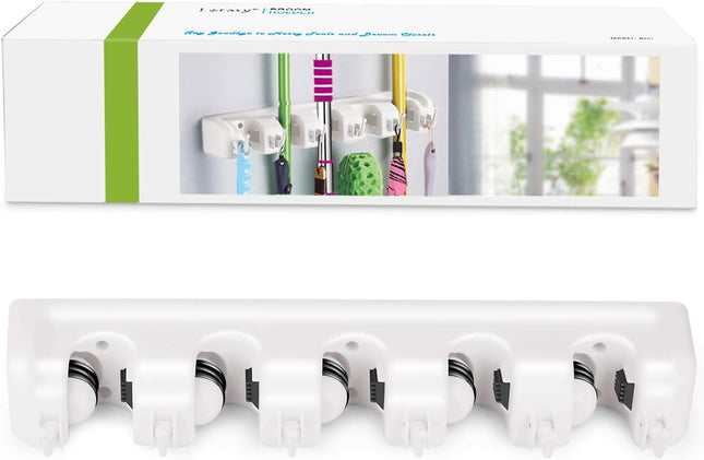 Broom Holder Wall Mount – 5-Position, 6-Hook Mop & Broom Organizer, White