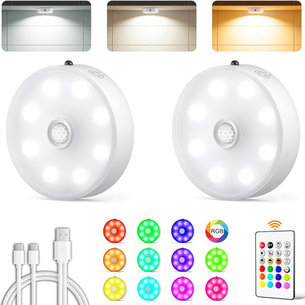 Puck Lights 2 Pack, Rechargeable Under Cabinet Lights, RGB, 3 Color Temps, Remote