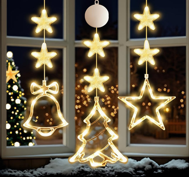 3PCS Christmas Window Lights – Battery Powered Star, Bell & Tree LED Decor