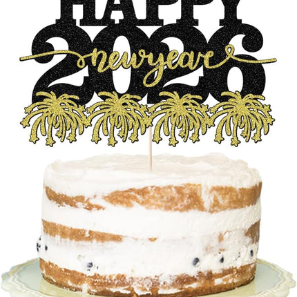 Happy New Year 2026 Cake Decoration – Black & Gold NYE Party Topper