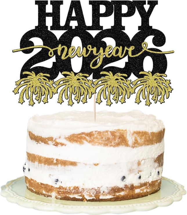 Happy New Year 2026 Cake Decoration – Black & Gold NYE Party Topper