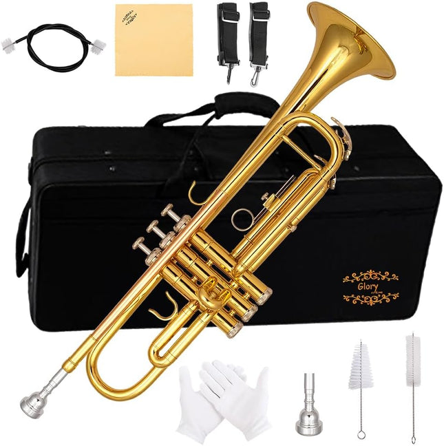 Bb Trumpet for Beginners & Advanced Students – Gold, Case & Pair of Gloves Included