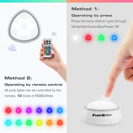 LED Tap Puck Lights – 12 RGB Colors, Remote, Wireless, 3-Pack, Battery Powered
