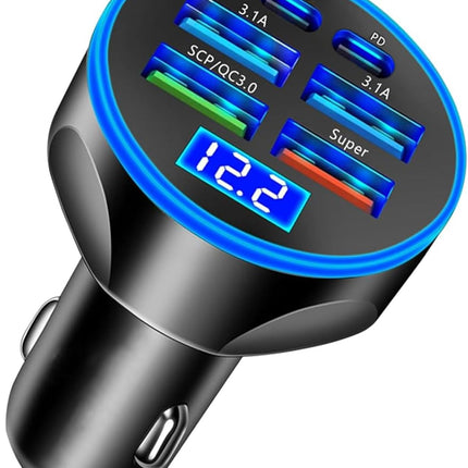 250W 6-in-1 USB C Car Charger, Fast Charge Adapter with Voltage Display