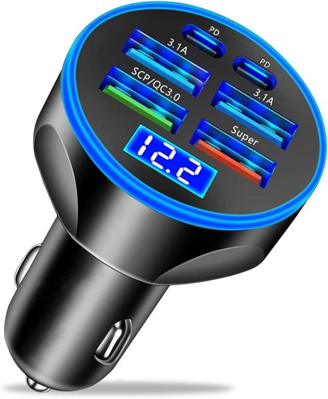 250W 6-in-1 USB C Car Charger, Fast Charge Adapter with Voltage Display