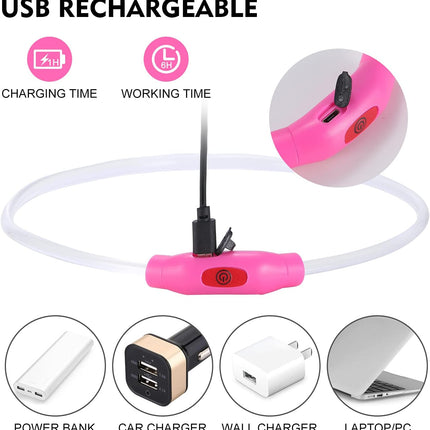 LED Dog Collar – Rechargeable Light Up, Waterproof IP67, Adjustable Safety Necklace (Pink)