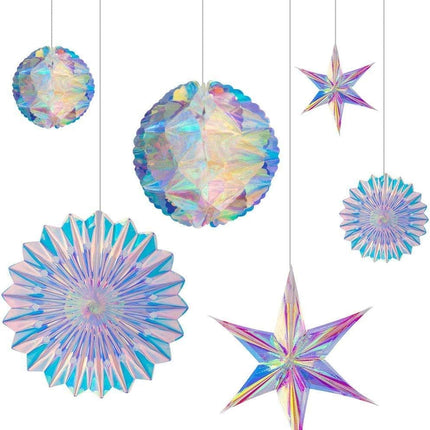 6Pcs Iridescent Party Decorations, Honeycomb Balls Paper Fans & Star Ornaments